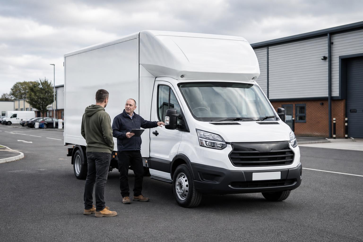 White Luton hire van in a tidy Bridgwater industrial estate during a professional vehicle handover