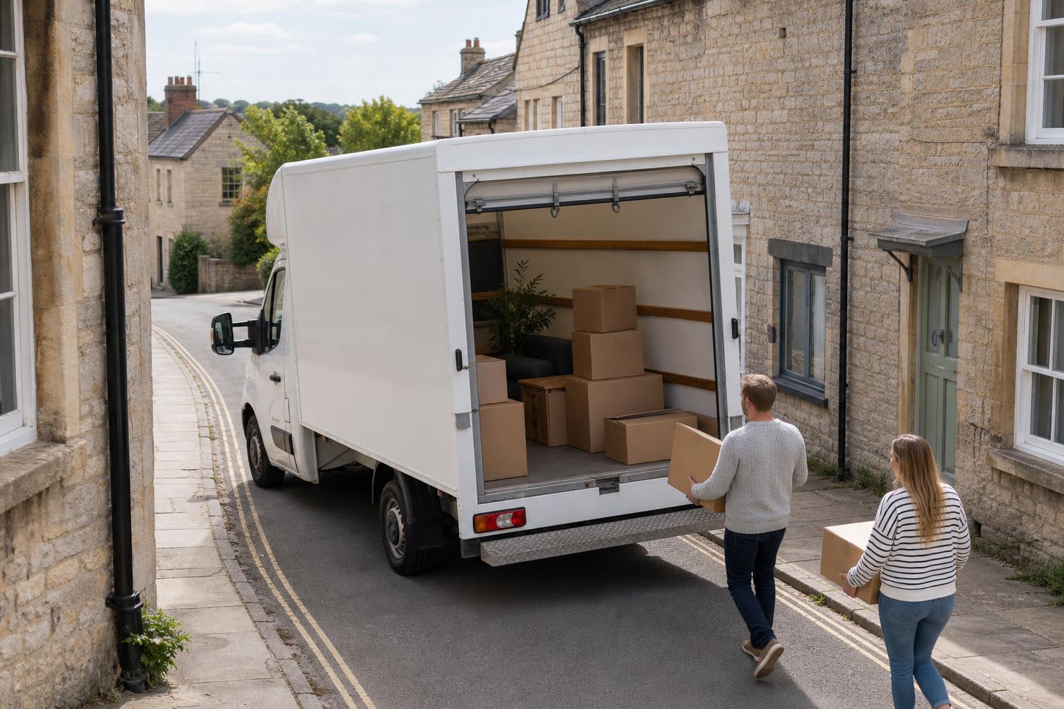 White Luton hire van on a practical town street in Frome with customers loading moving boxes
