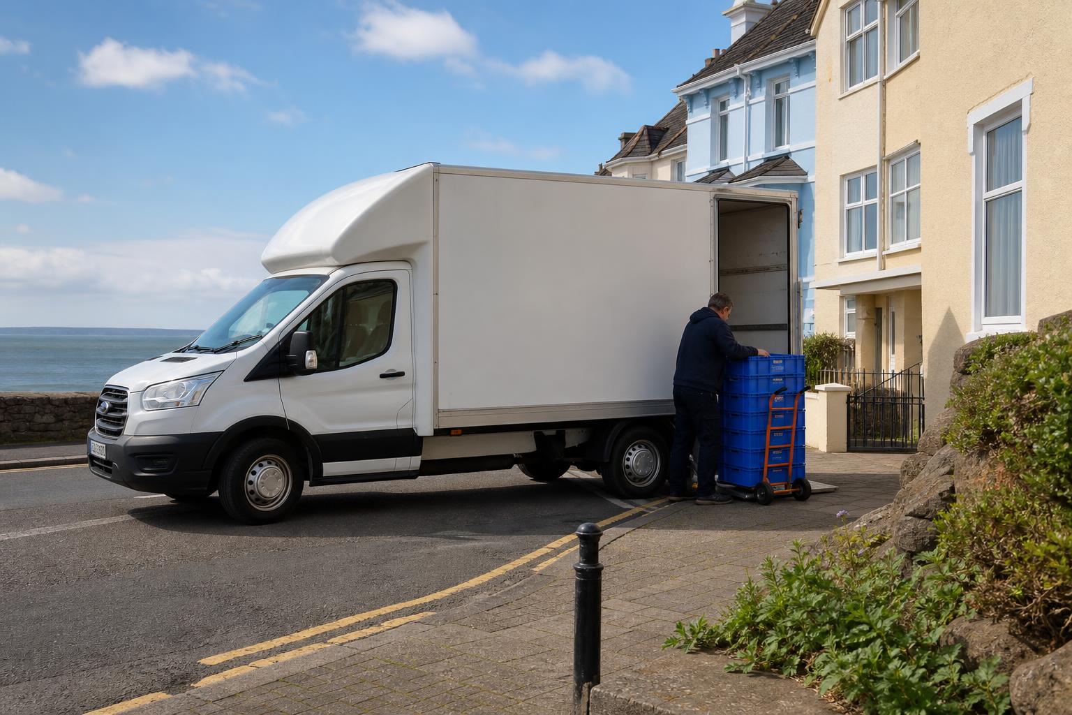 White Luton van in Minehead used for a practical coastal town delivery near the seafront